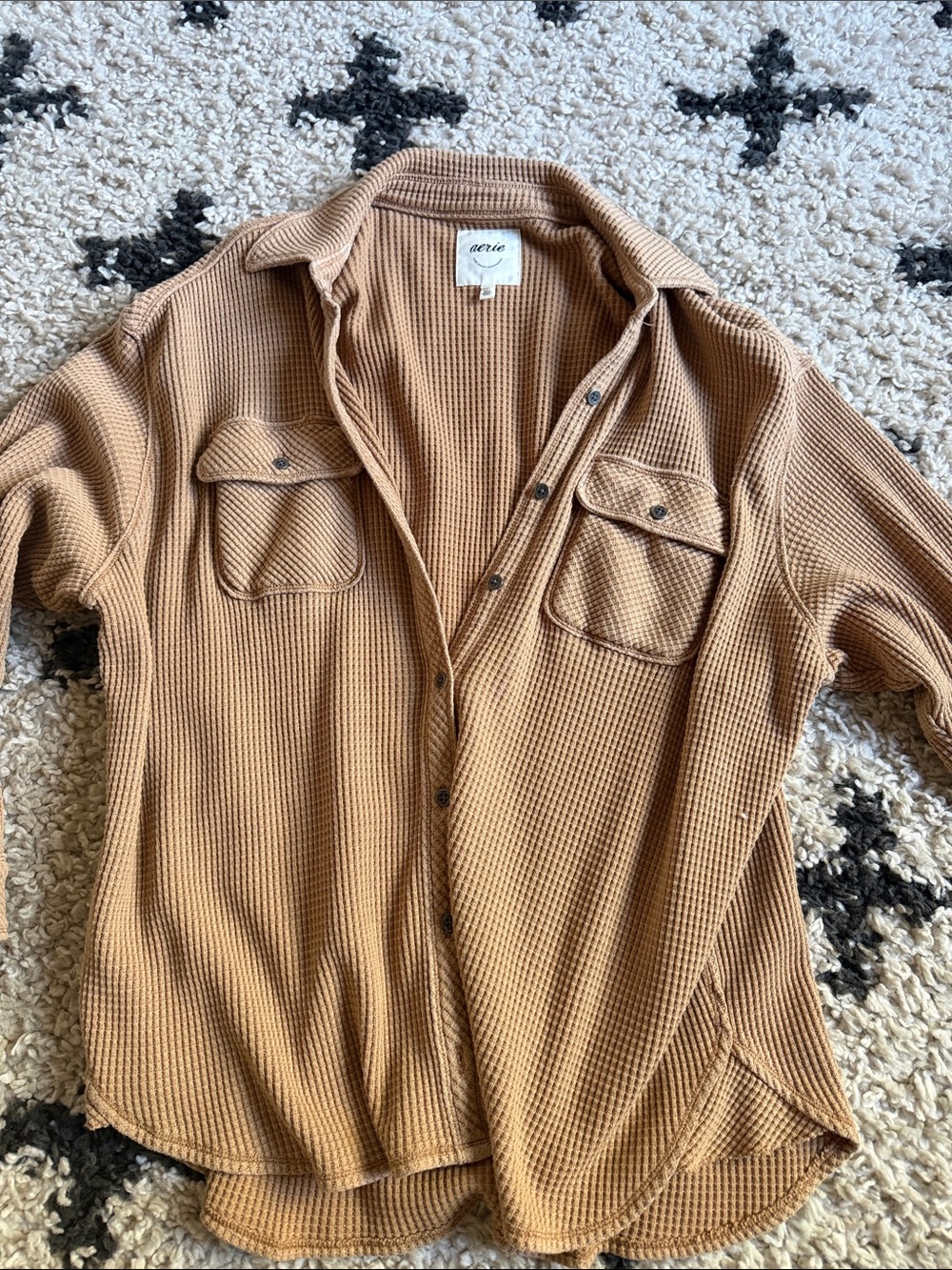 Aerie  Waffle-Knit Button-Up Shirt in Camel